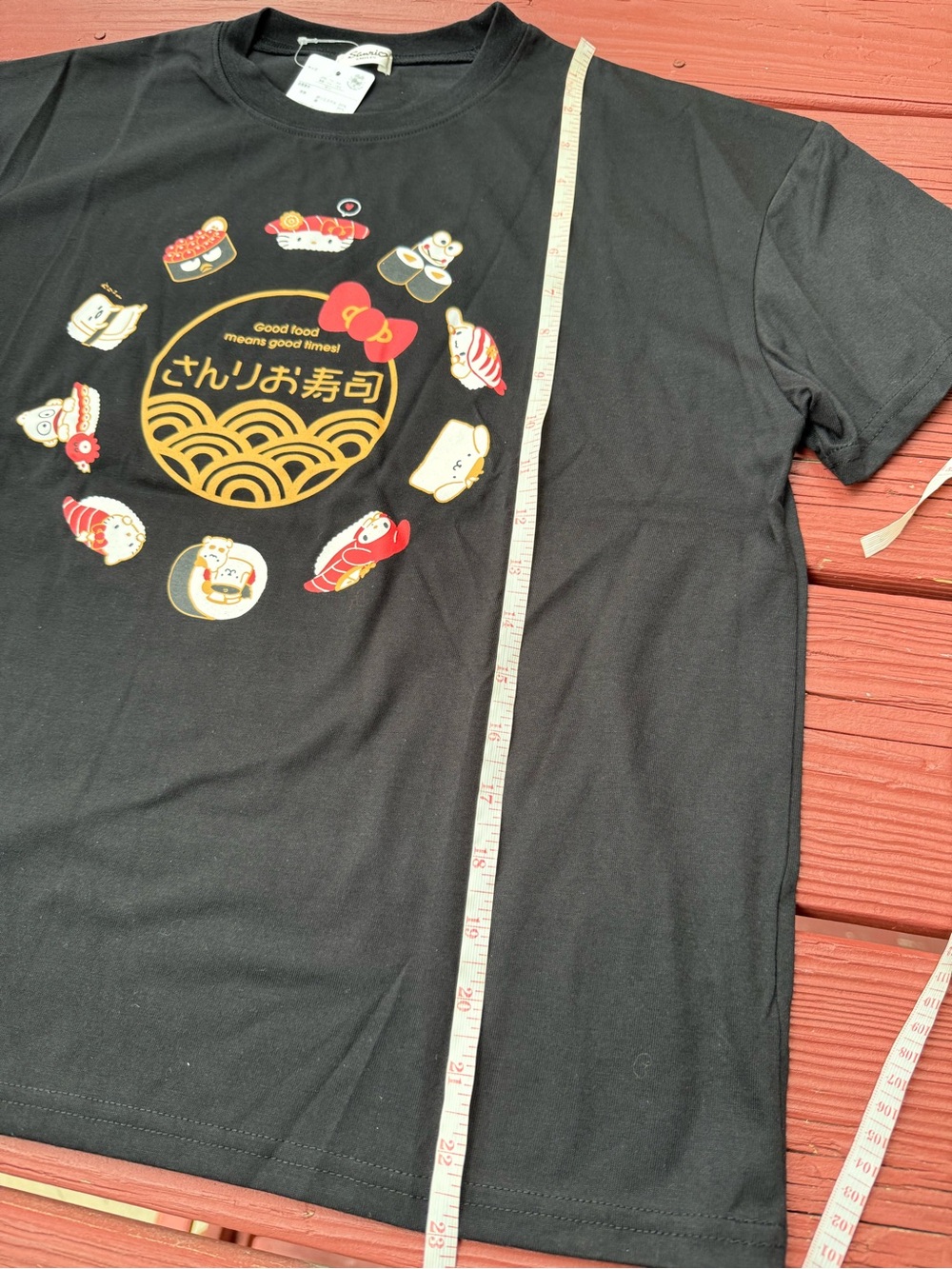 Sanrio Black Short Sleeve Sushi Graphic Tee with Red & Yellow Accents - Picture 3 of 5
